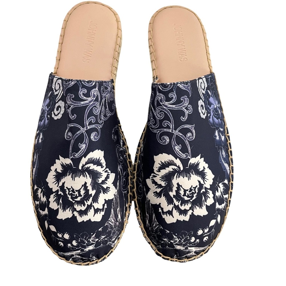 Johnny‎ Was Olivia Mule Espadrille Women 9.5 Navy Blue Floral Scroll Print